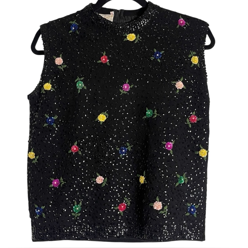 Vintage Cyn Les Wool Sleeveless Floral Sequined Floral Black Sweater — Size 38